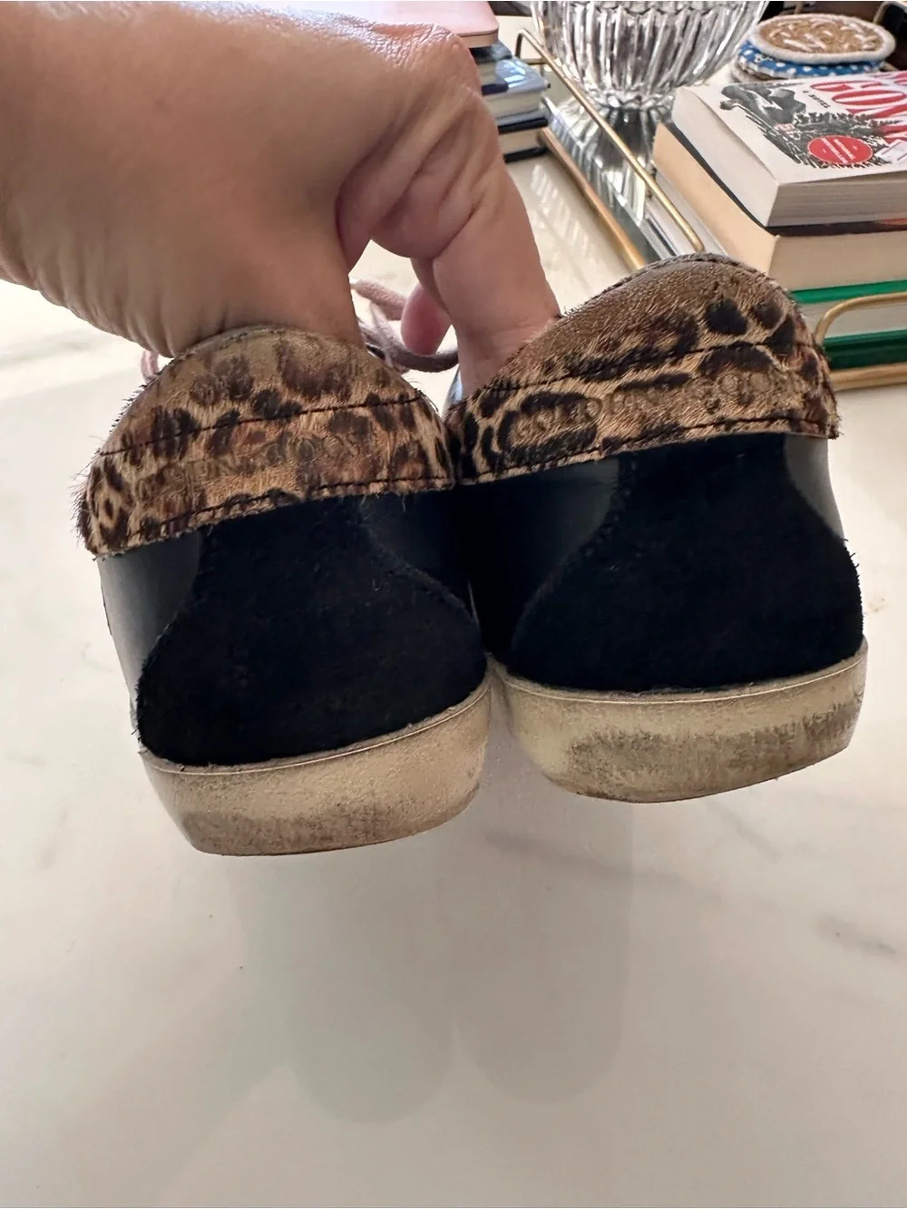 Golden Goose Superstar black leather and mesh upper golf star leopard back size